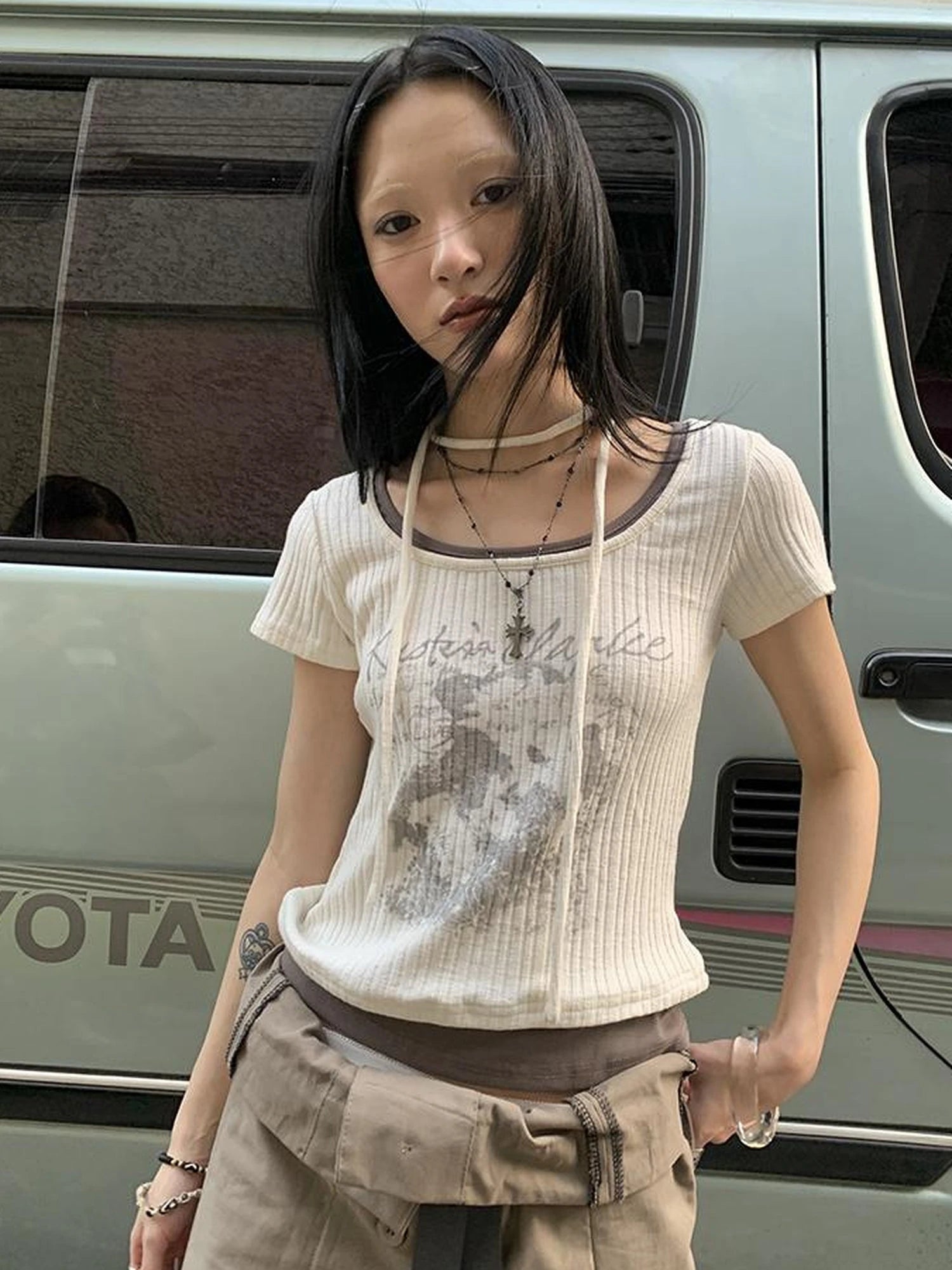 Vintage Floral Print Layered Elastic Short Sleeve Tee With Scarf