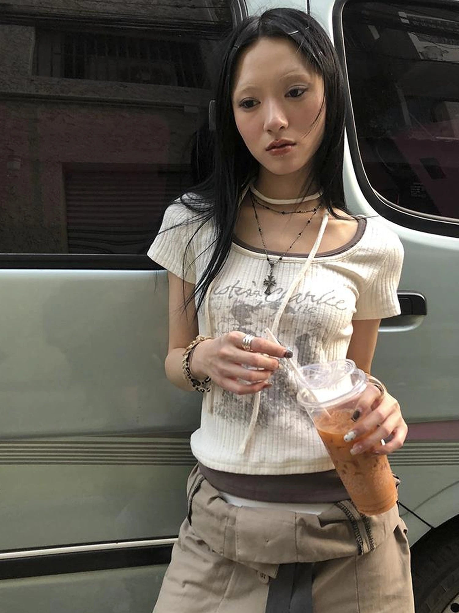 Vintage Floral Print Layered Elastic Short Sleeve Tee With Scarf