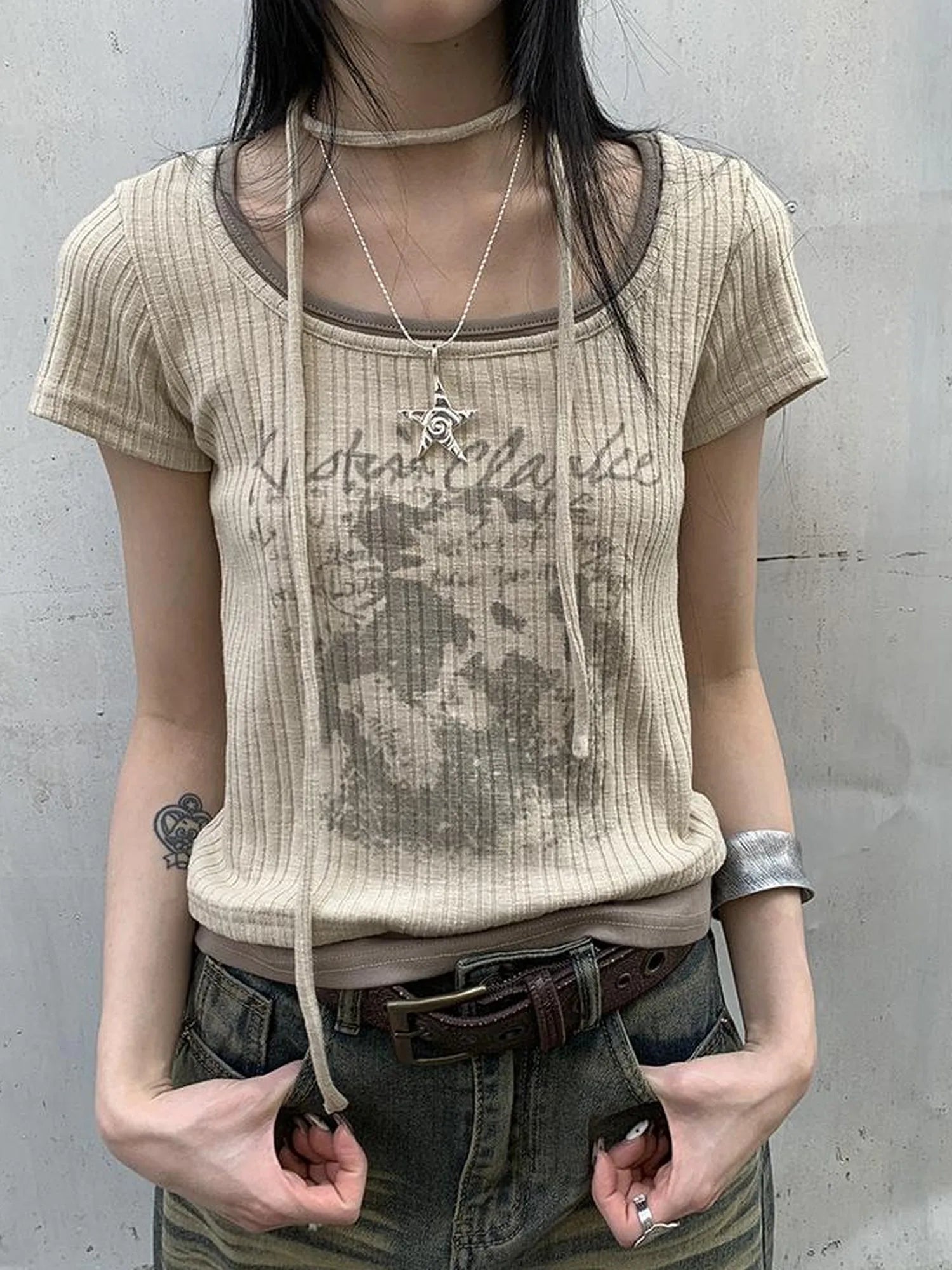 Vintage Floral Print Layered Elastic Short Sleeve Tee With Scarf