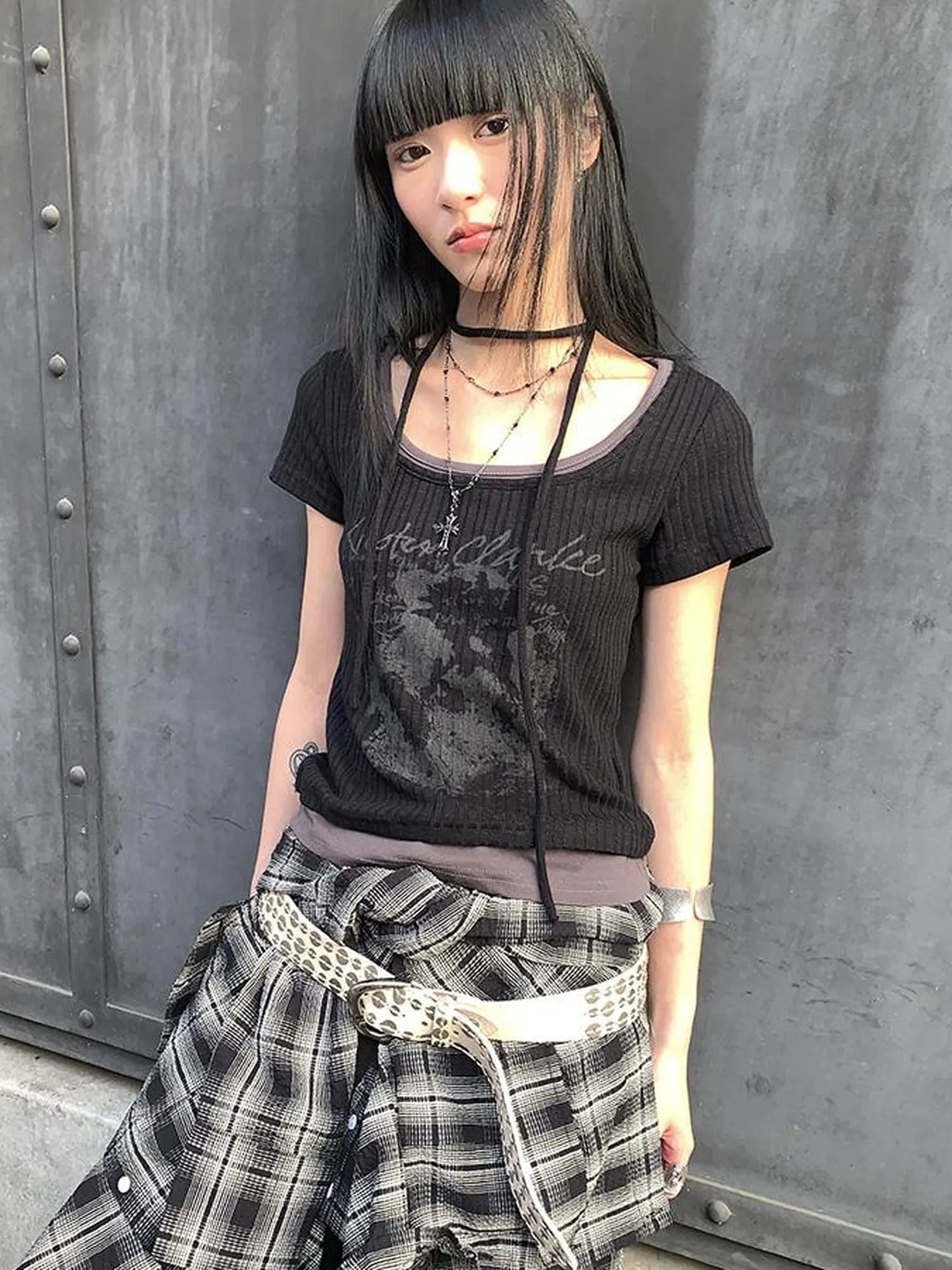 Vintage Floral Print Layered Elastic Short Sleeve Tee With Scarf