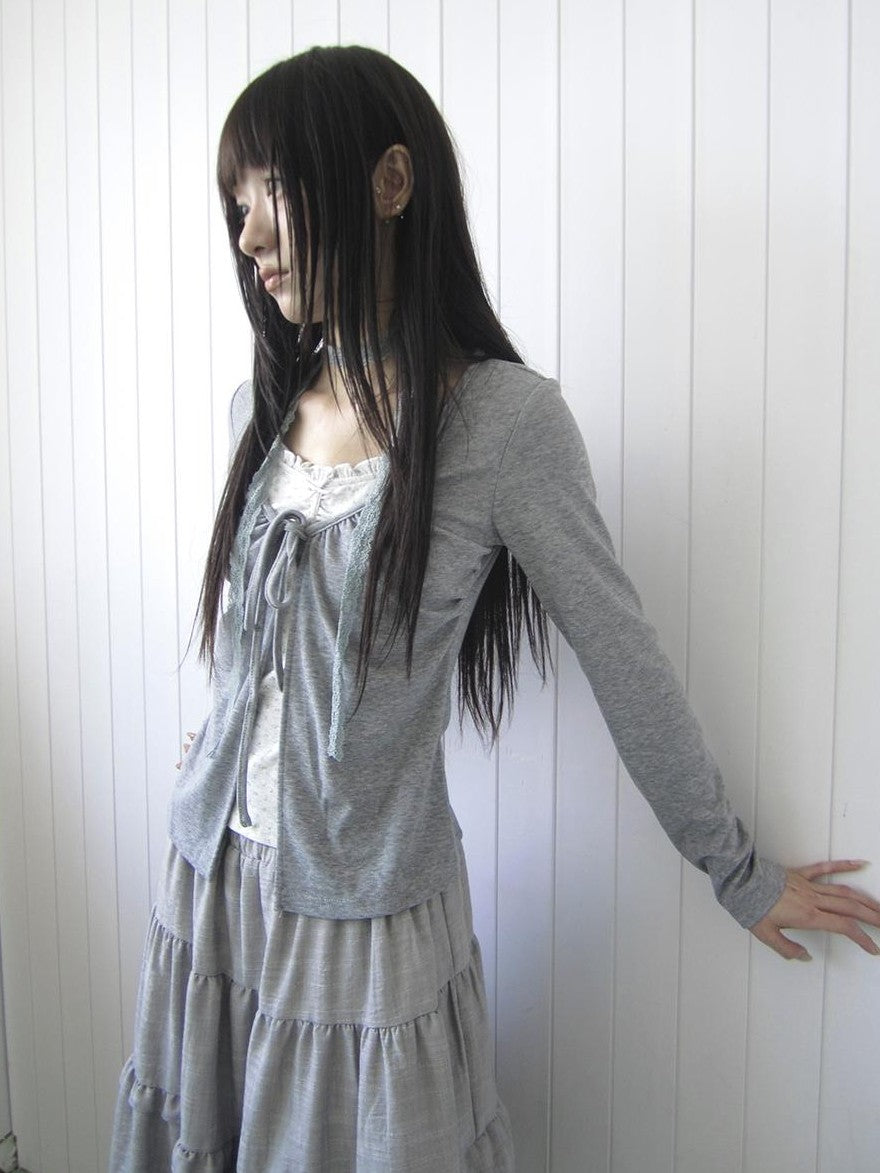 ang project Vintage Floral Print Ruffle Trim Lace Up Layered Look Women&