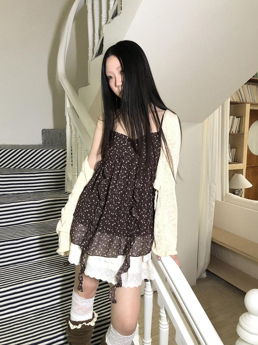 ang project Vintage Floral Ruffle Trim Asymmetrical Ribbon V-neck Women&
