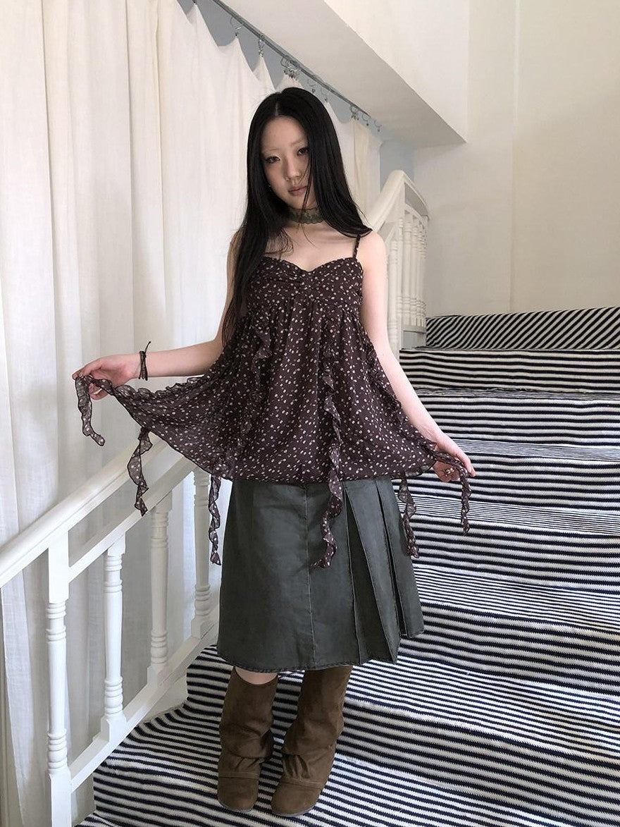 ang project Vintage Floral Ruffle Trim Asymmetrical Ribbon V-neck Women&