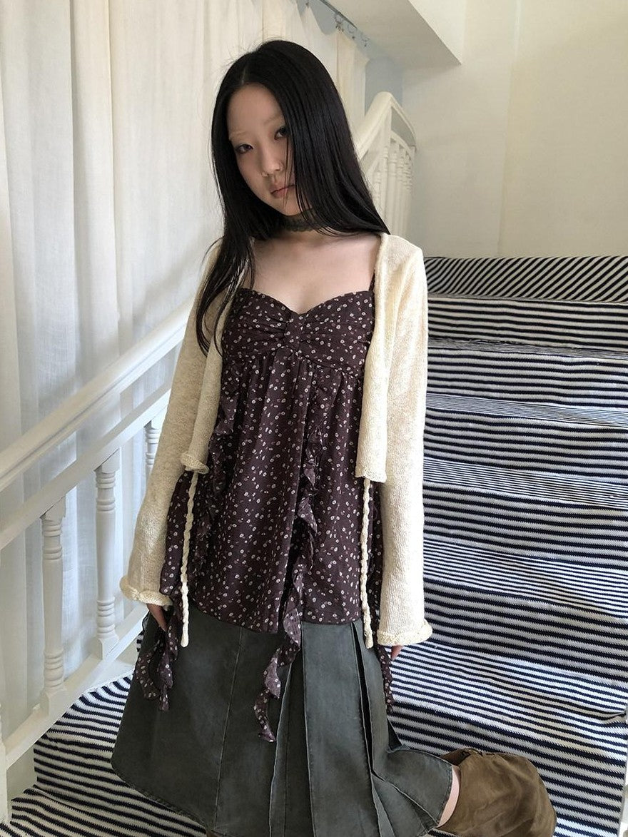 ang project Vintage Floral Ruffle Trim Asymmetrical Ribbon V-neck Women&