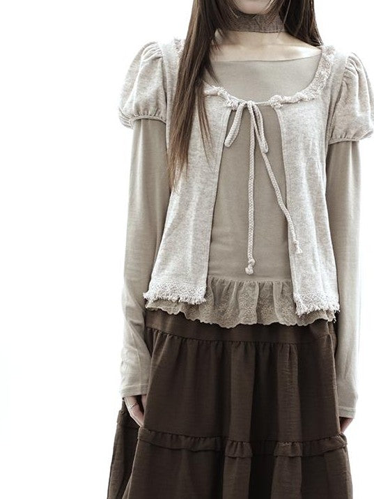 ang project Vintage Fringe Lace Trim Spliced Two Piece Women&