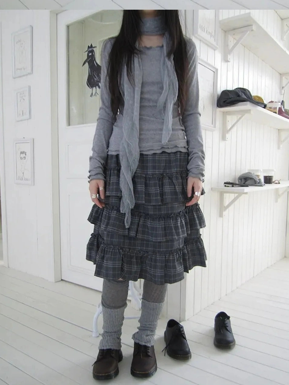 ang project Vintage Gray Layered Gingham Ruffle Hem Skirt Skirt