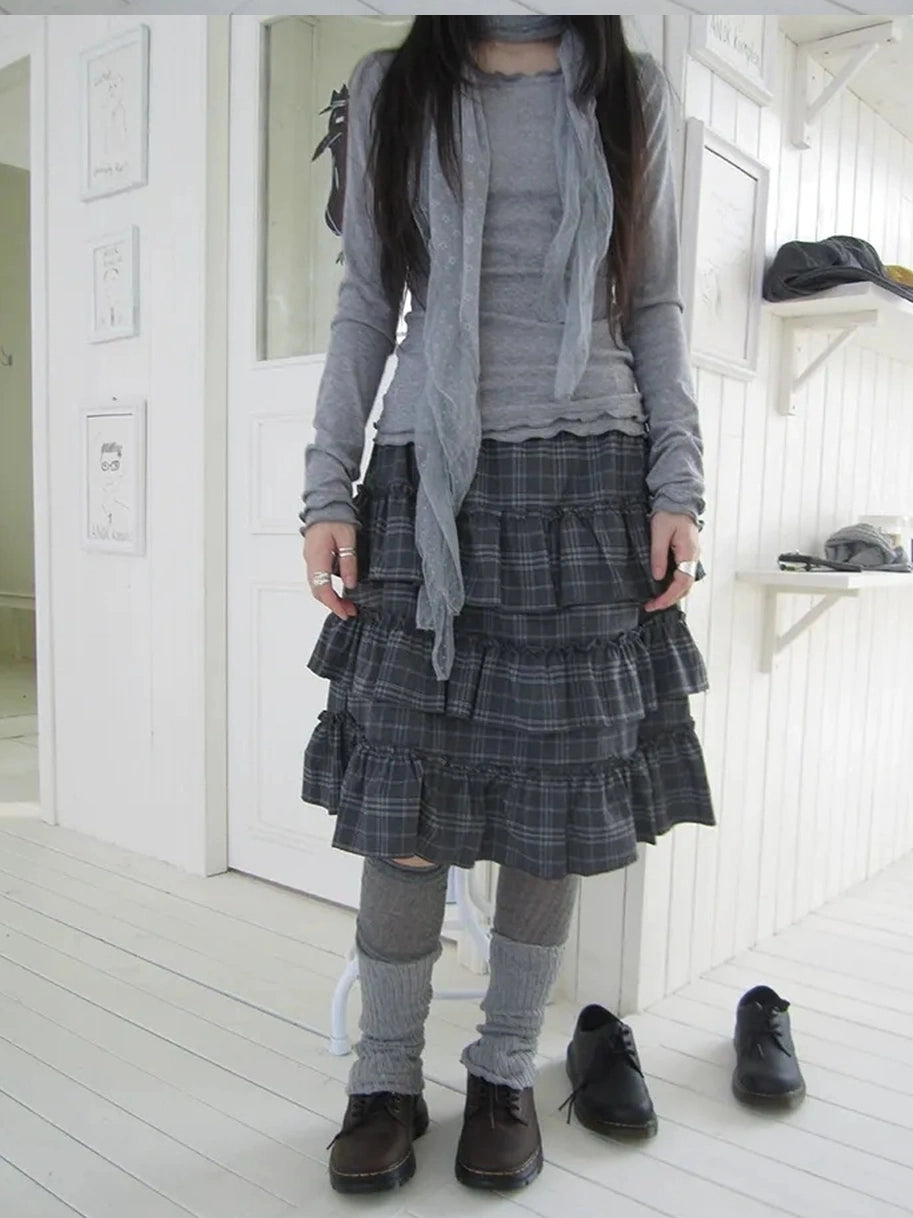 ang project Vintage Gray Layered Gingham Ruffle Hem Skirt Skirt