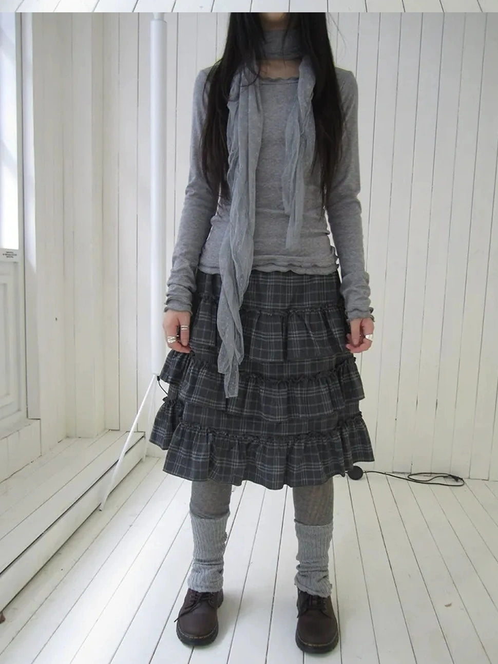 ang project Vintage Gray Layered Gingham Ruffle Hem Skirt Skirt