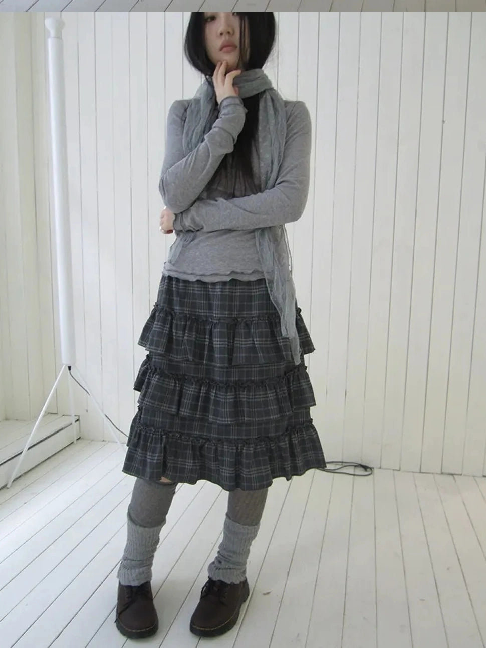 ang project Vintage Gray Layered Gingham Ruffle Hem Skirt Skirt