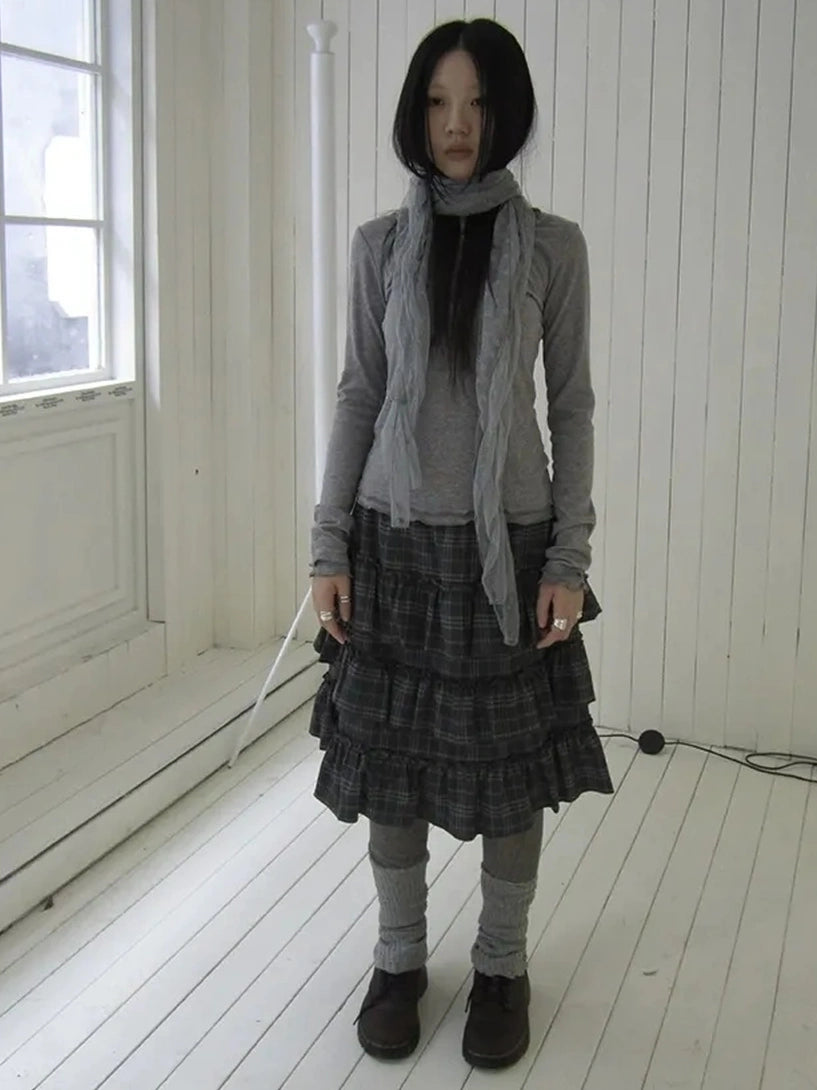 ang project Vintage Gray Layered Gingham Ruffle Hem Skirt Skirt