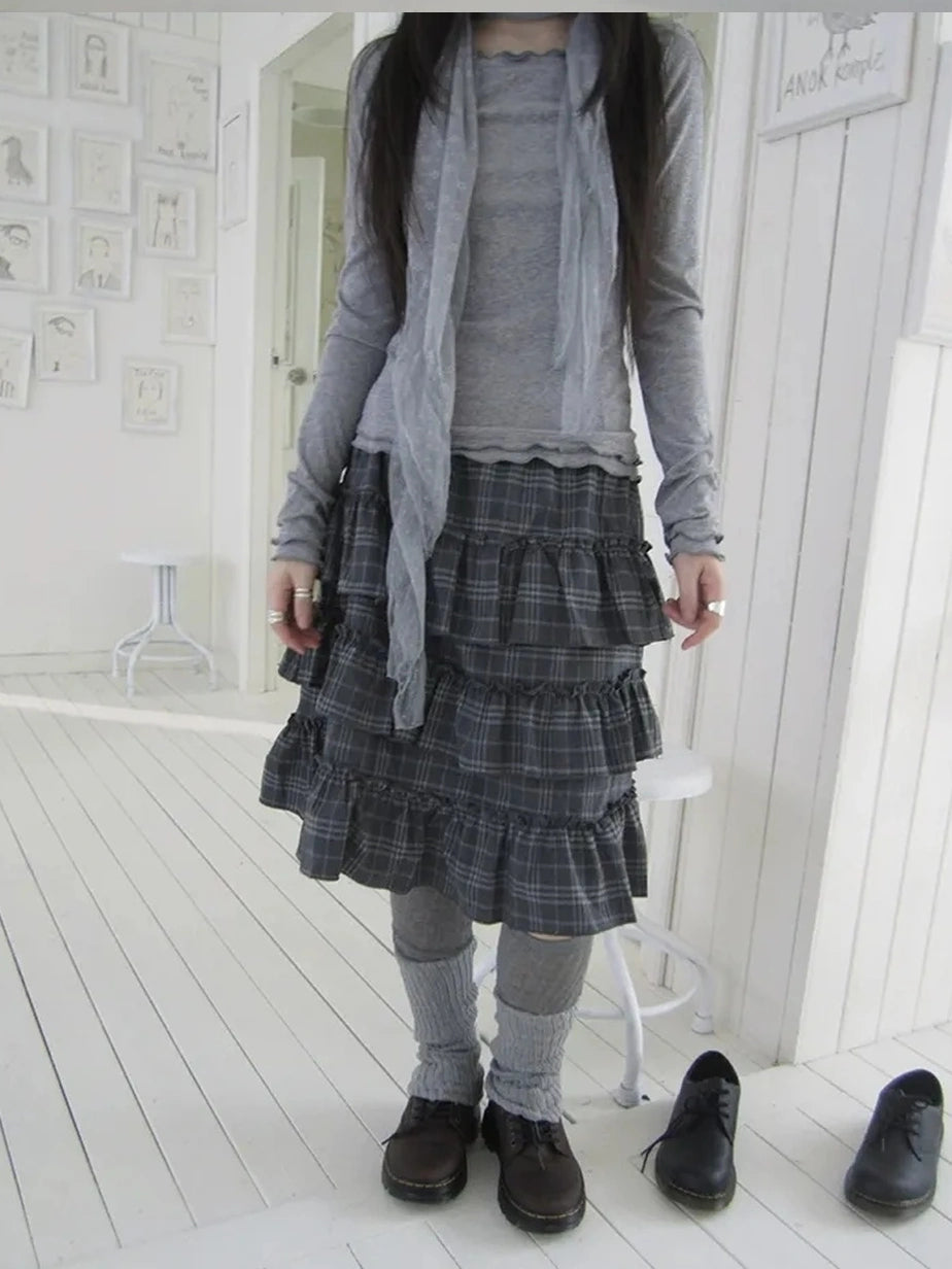 ang project Vintage Gray Layered Gingham Ruffle Hem Skirt Skirt