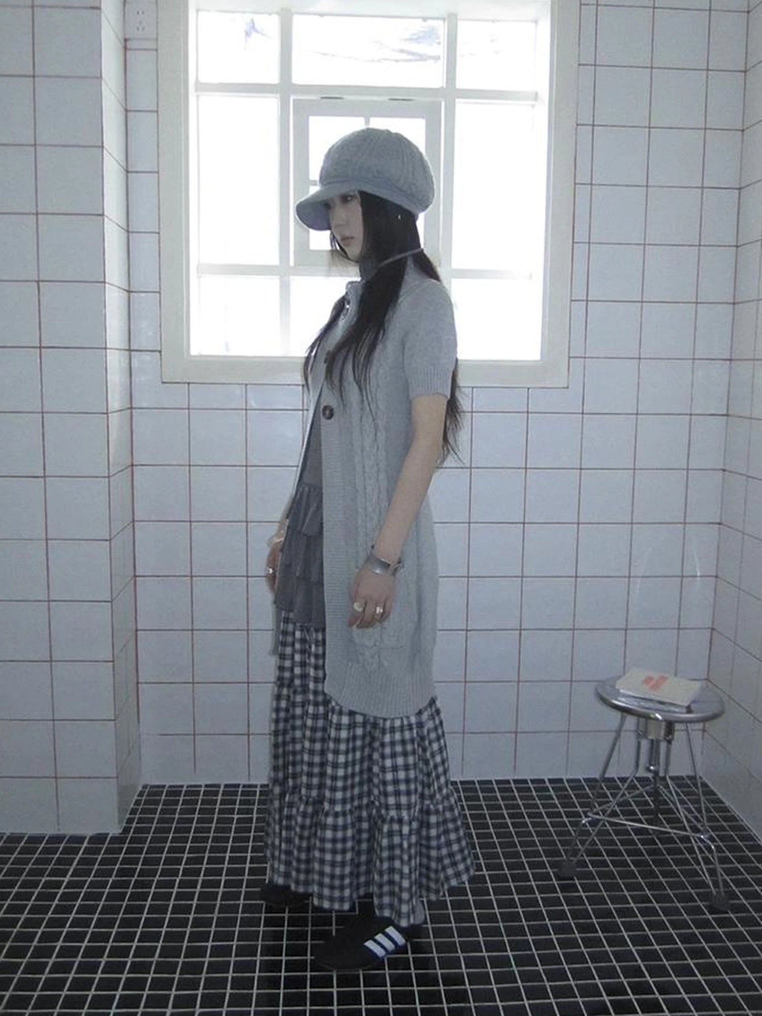 Vintage Gray Mid Length Half Zip Knit Sweater Short Sleeve