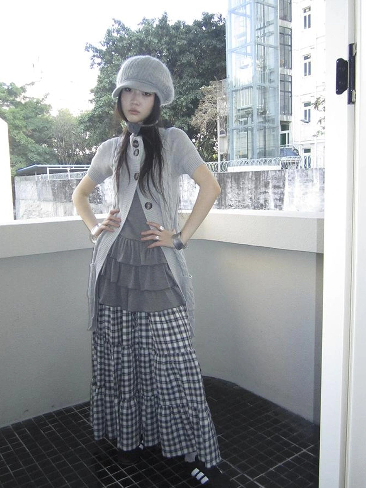 Vintage Gray Mid Length Half Zip Knit Sweater Short Sleeve