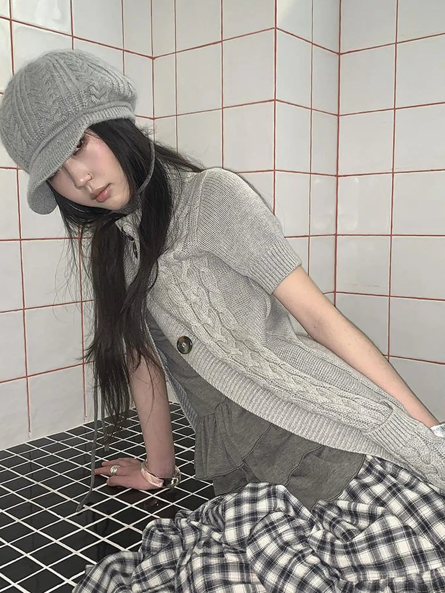 Vintage Gray Mid Length Half Zip Knit Sweater Short Sleeve