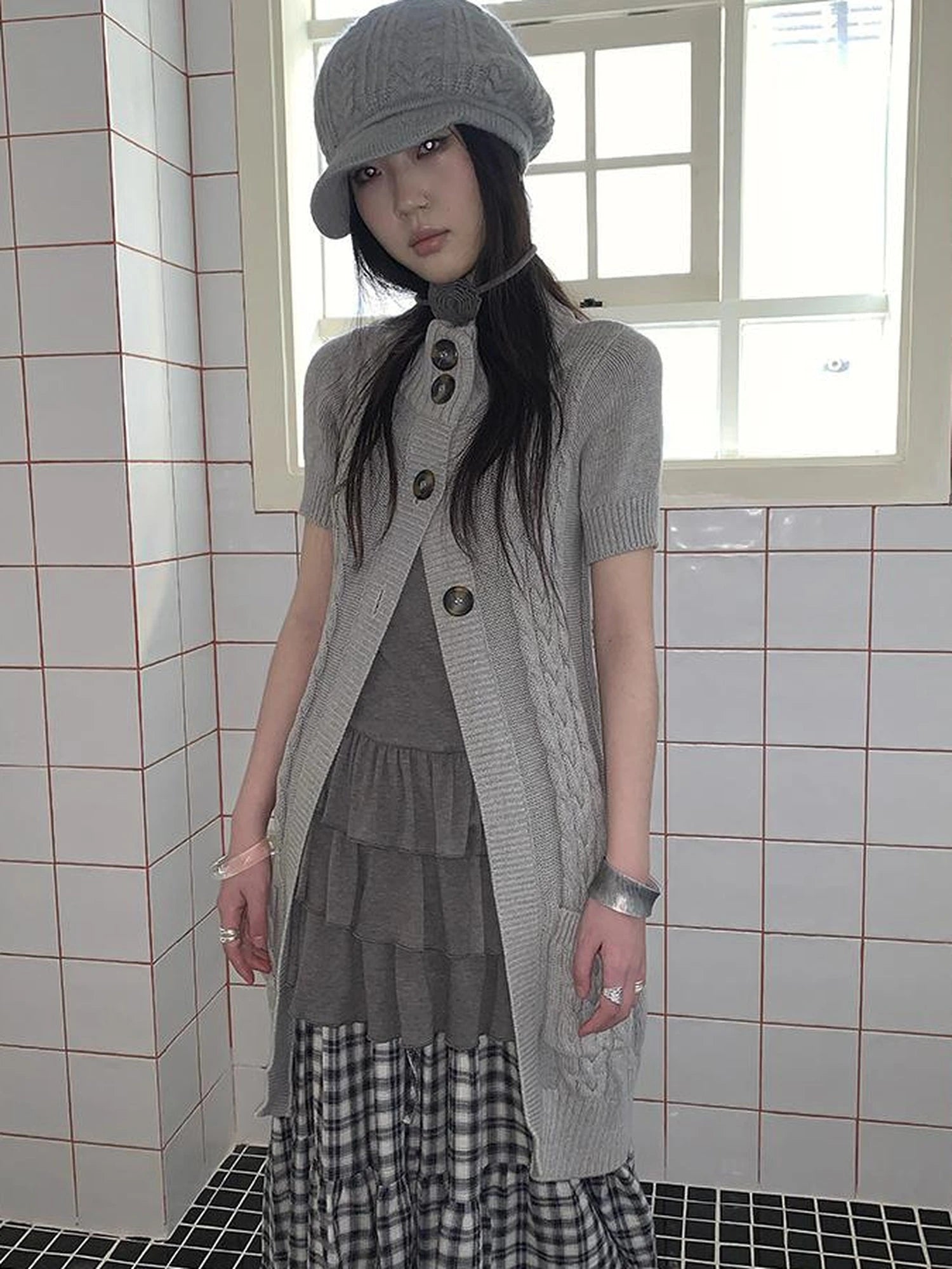 Vintage Gray Mid Length Half Zip Knit Sweater Short Sleeve