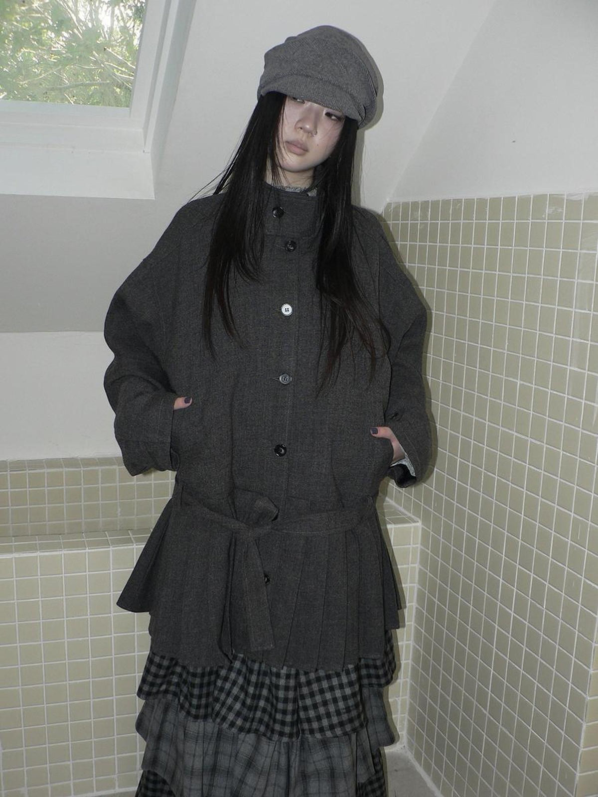 ang project Vintage Gray Single Breasted Cinched Waist Mid Length Women&