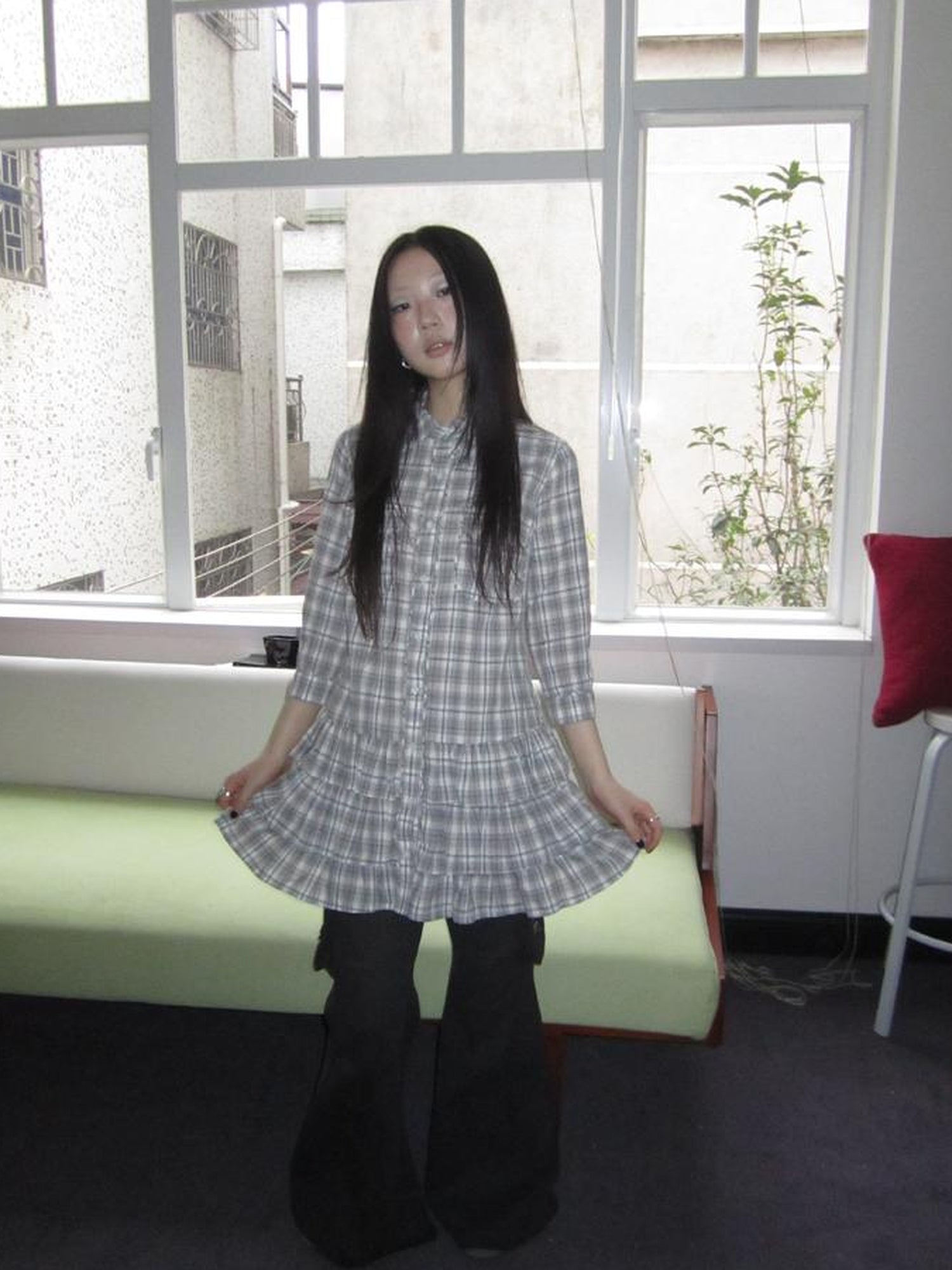 ang project Vintage Grey Plaid Layered Hem Short Sleeve Shirt