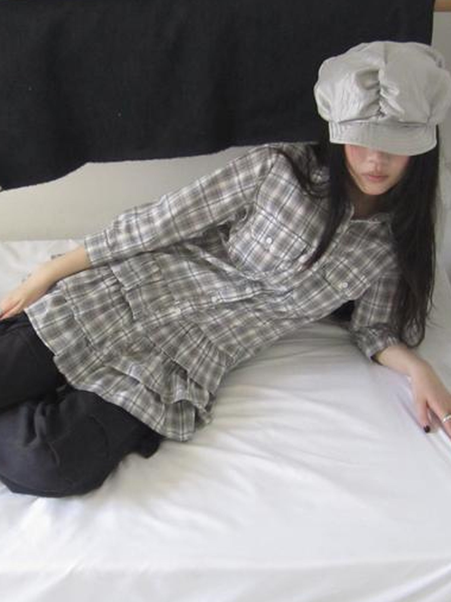ang project Vintage Grey Plaid Layered Hem Short Sleeve Shirt