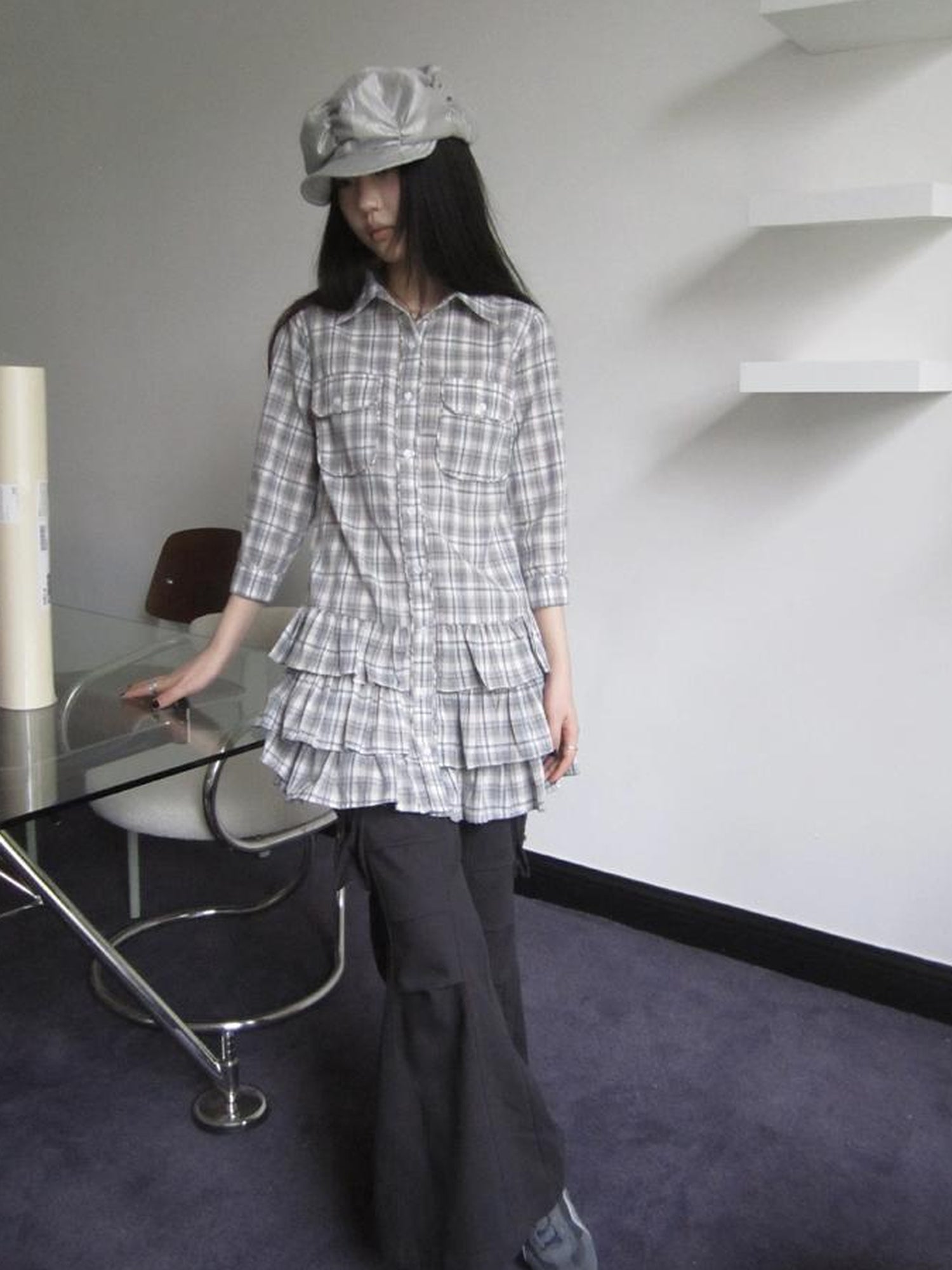ang project Vintage Grey Plaid Layered Hem Short Sleeve Shirt