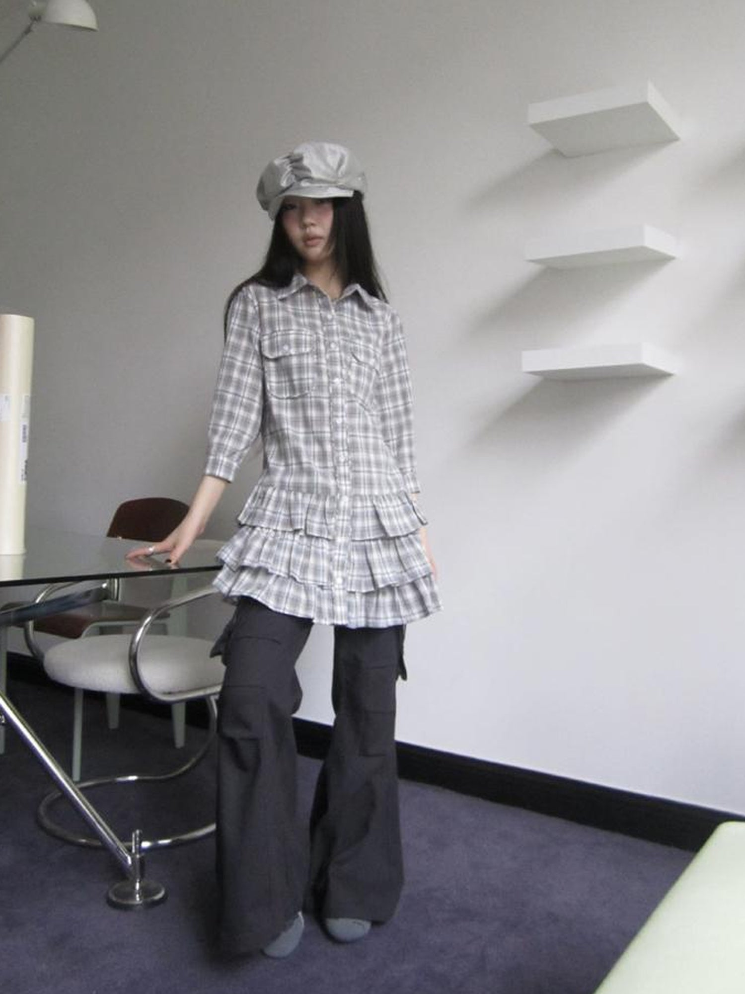 ang project Vintage Grey Plaid Layered Hem Short Sleeve Shirt