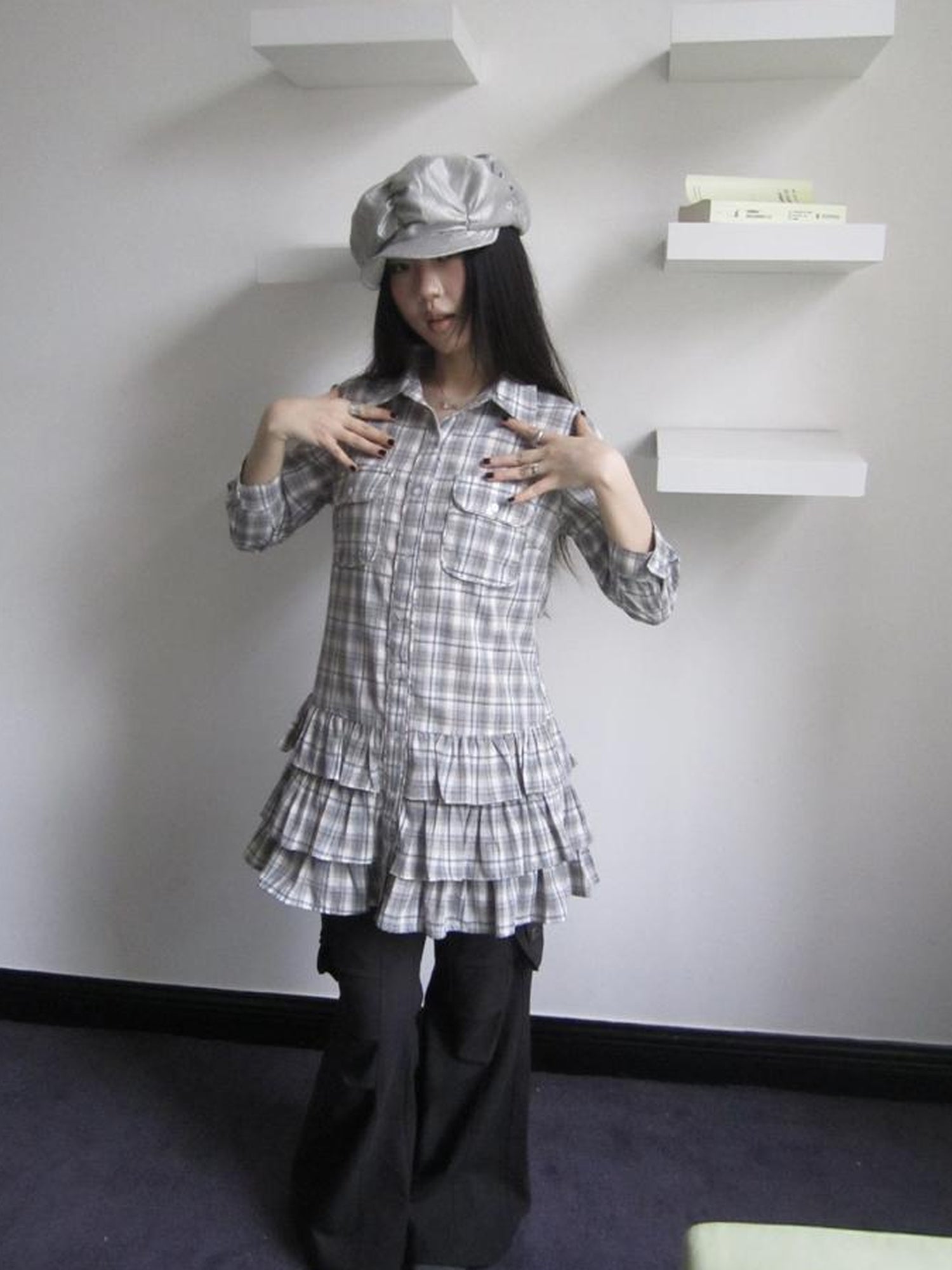 ang project Vintage Grey Plaid Layered Hem Short Sleeve Shirt
