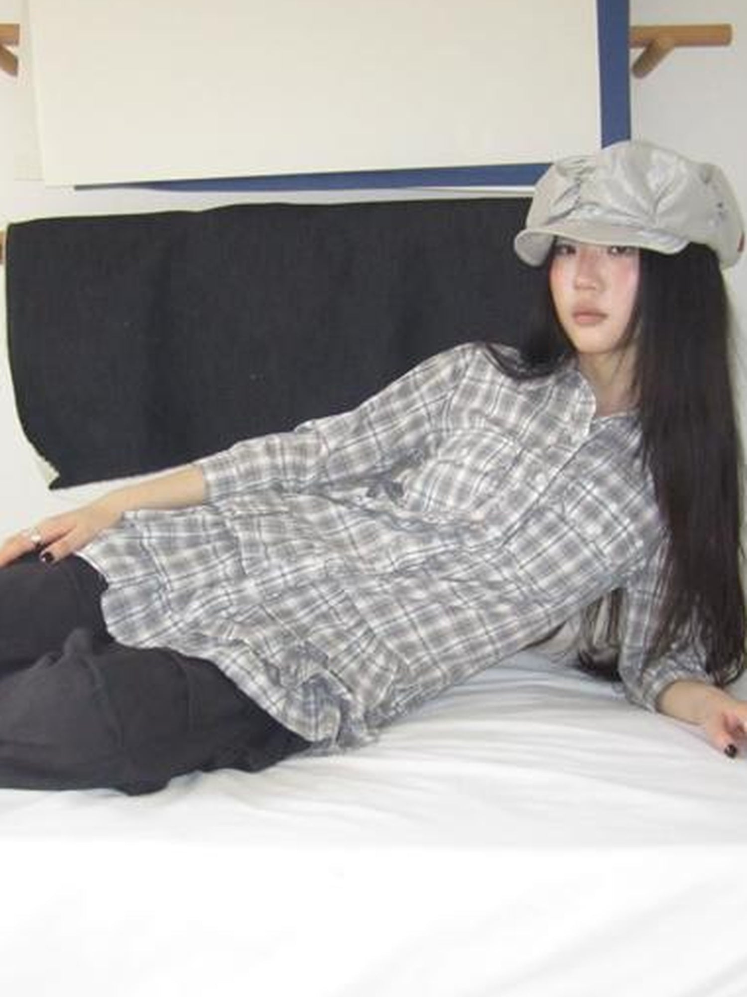 ang project Vintage Grey Plaid Layered Hem Short Sleeve Shirt