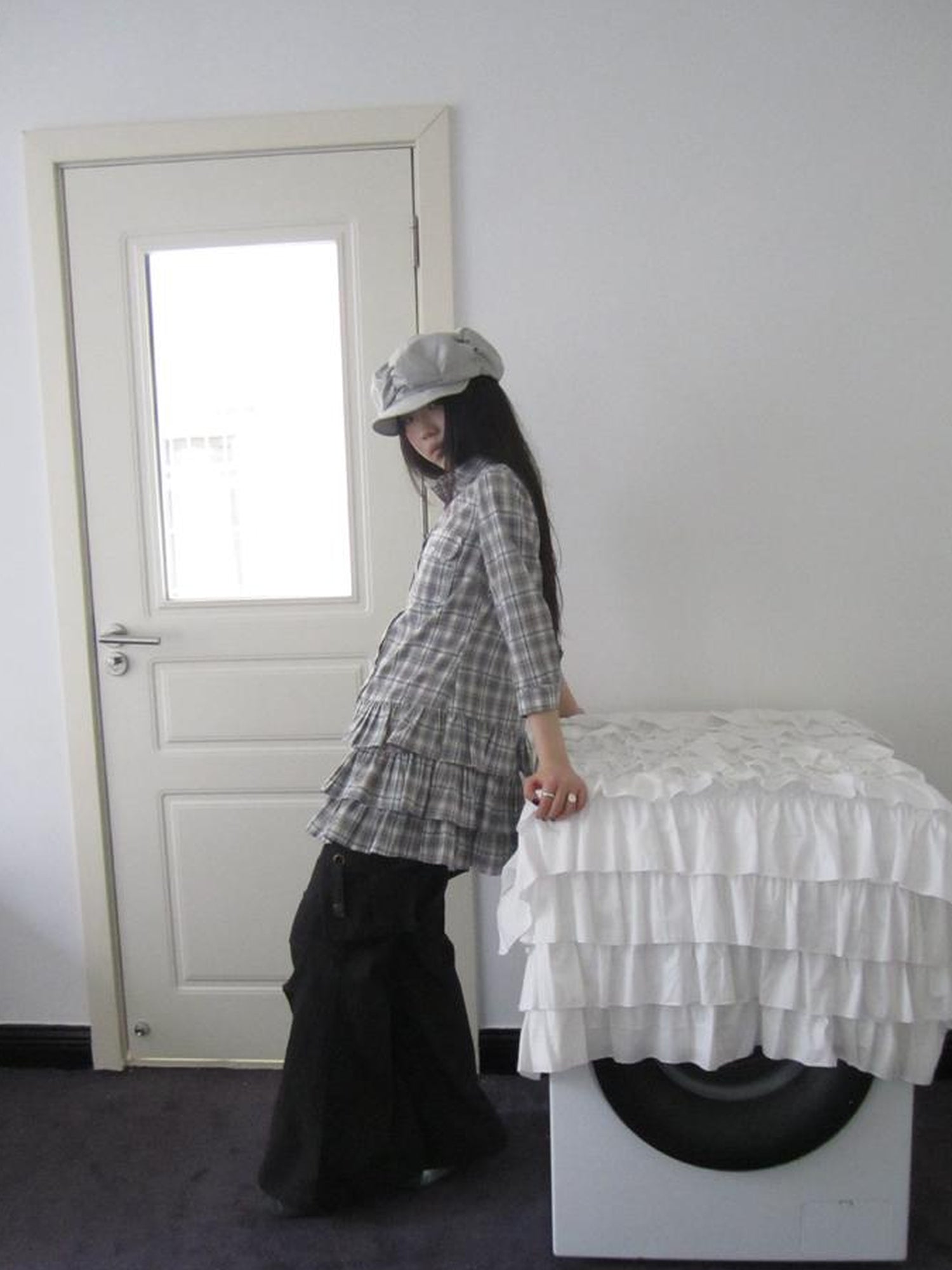 ang project Vintage Grey Plaid Layered Hem Short Sleeve Shirt