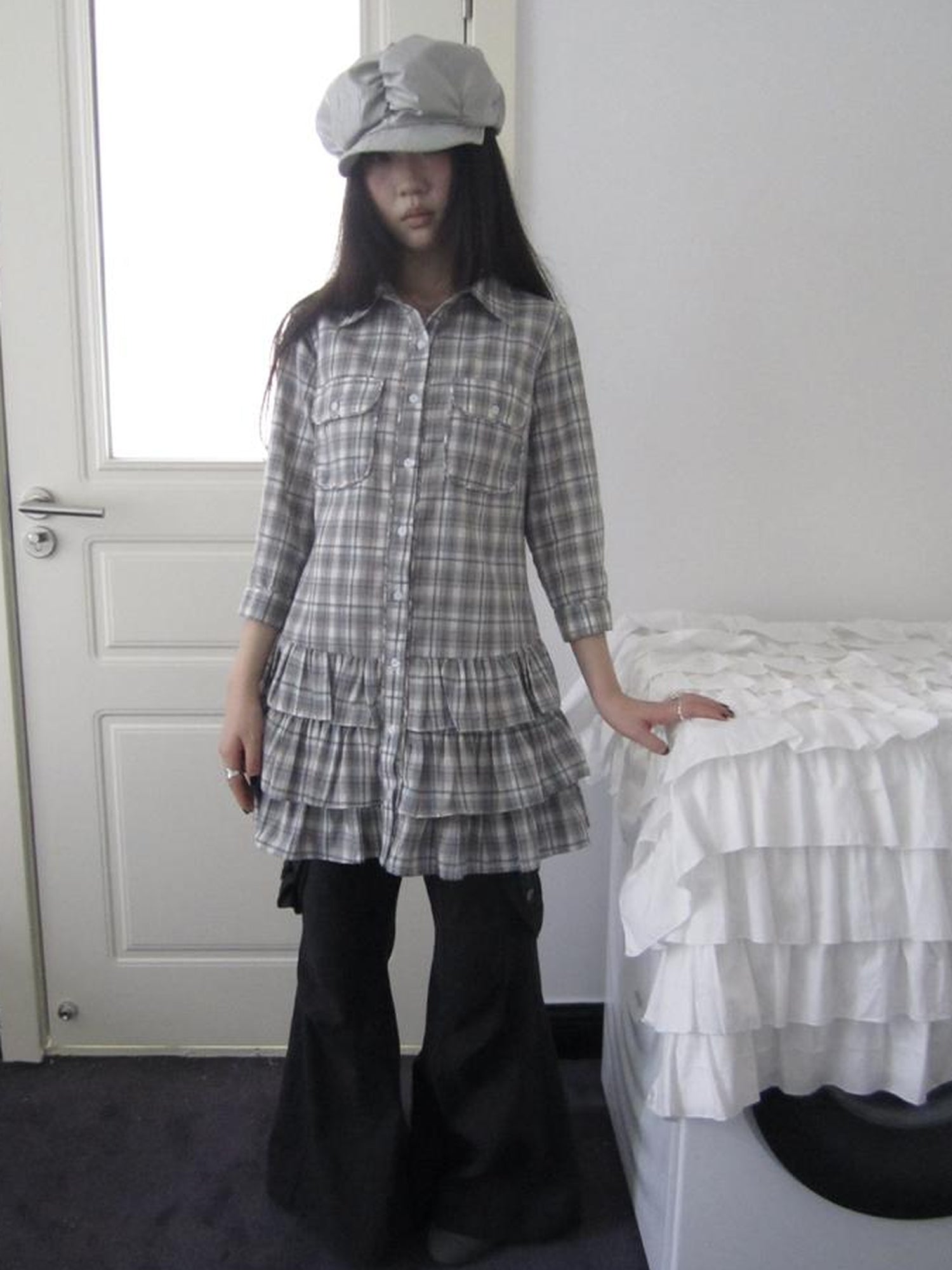 ang project Vintage Grey Plaid Layered Hem Short Sleeve Shirt