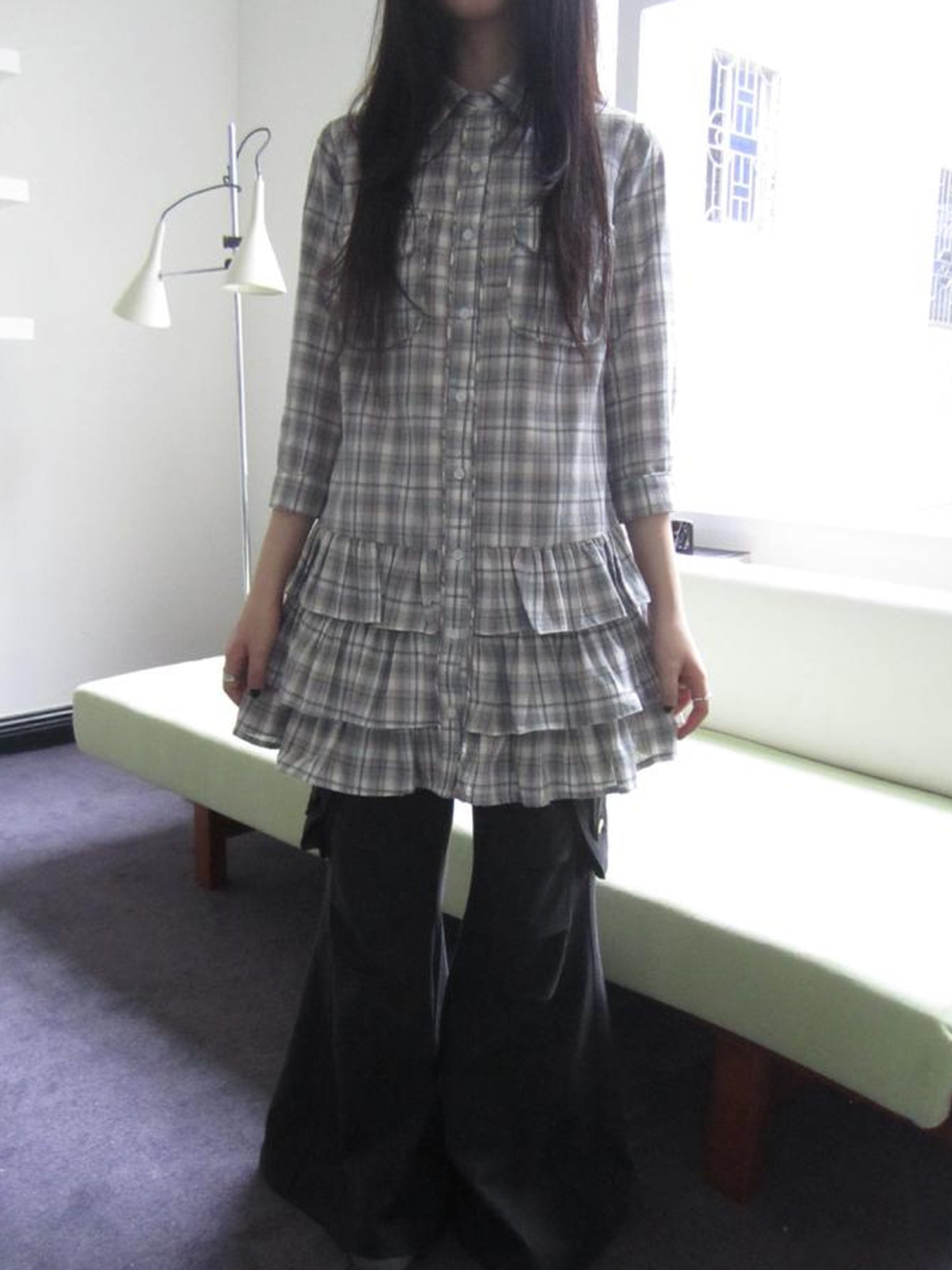 ang project Vintage Grey Plaid Layered Hem Short Sleeve Shirt