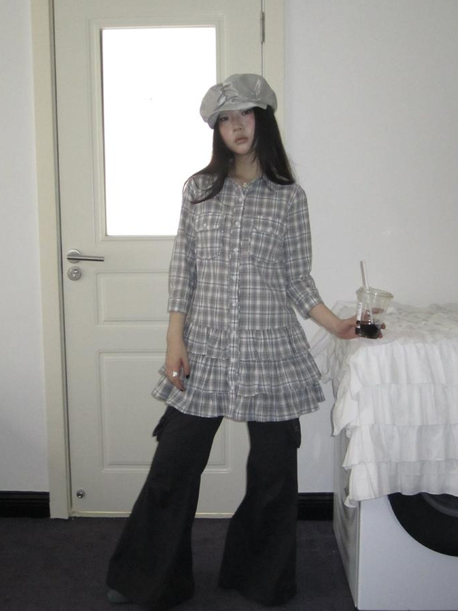 ang project Vintage Grey Plaid Layered Hem Short Sleeve Shirt
