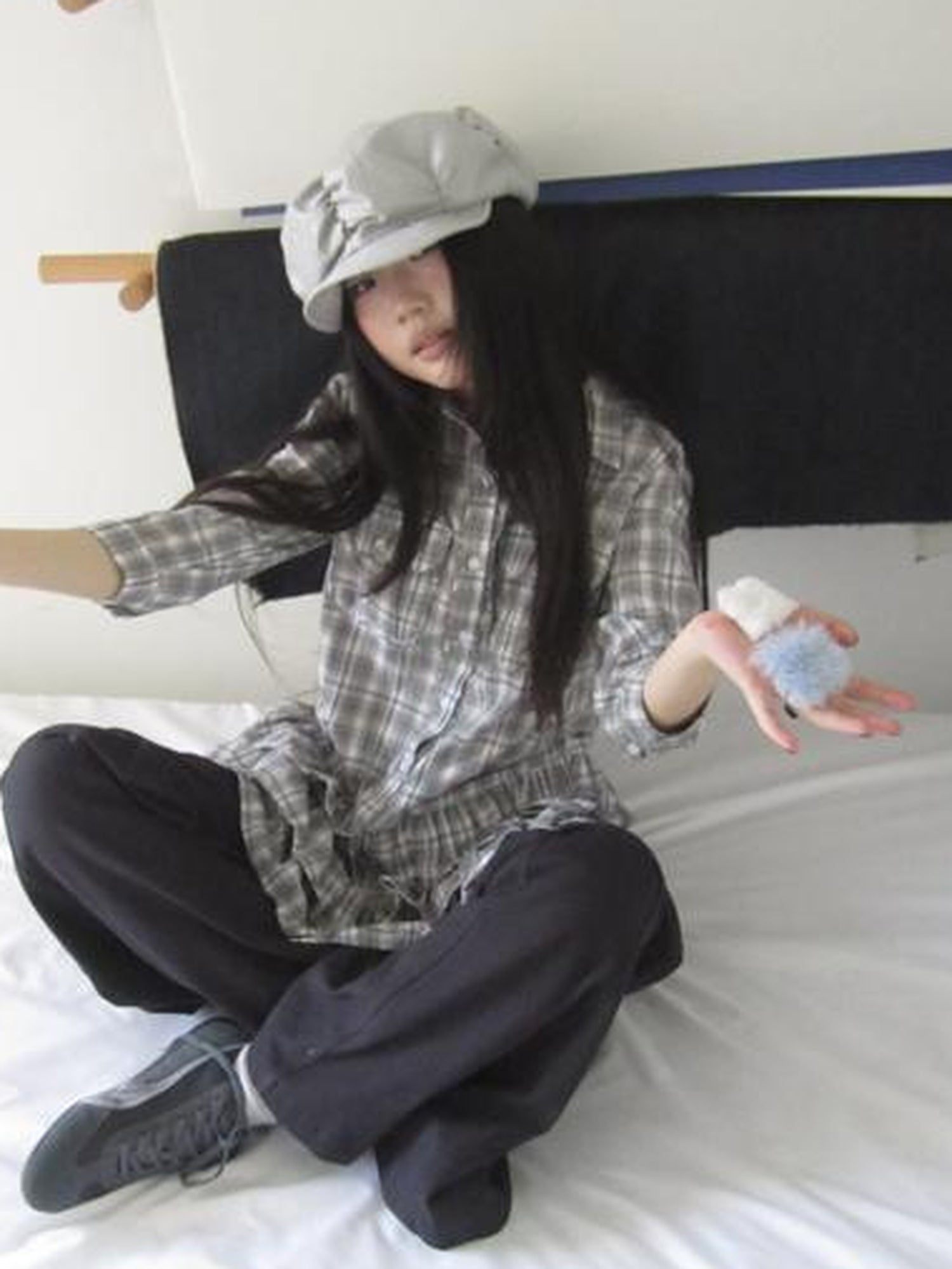 ang project Vintage Grey Plaid Layered Hem Short Sleeve Shirt