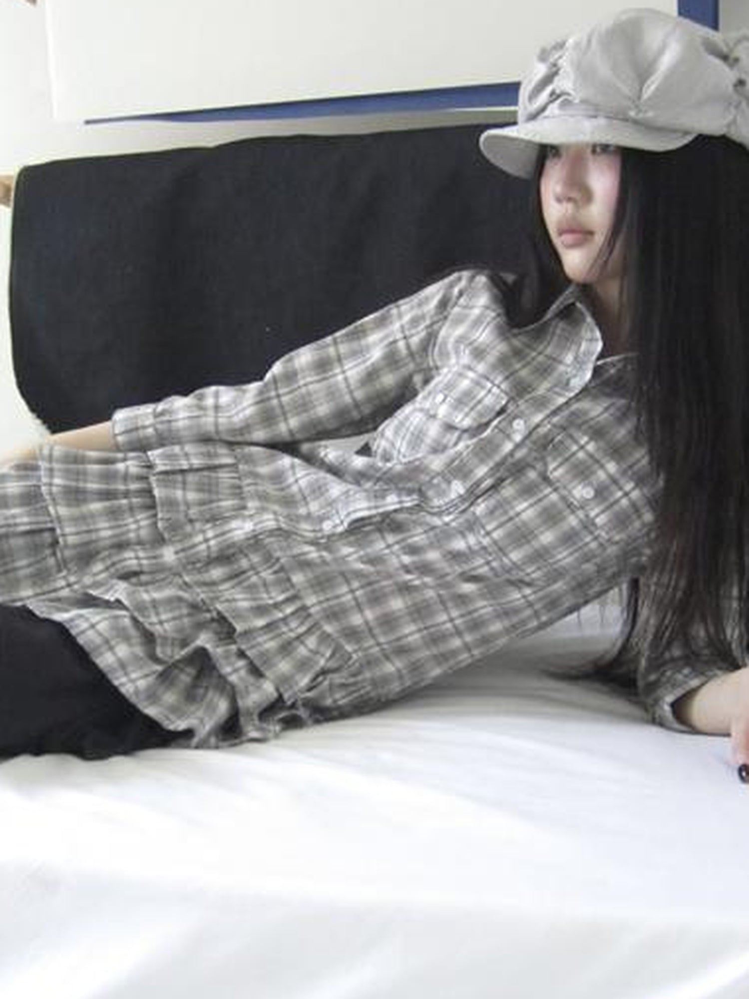 ang project Vintage Grey Plaid Layered Hem Short Sleeve Shirt