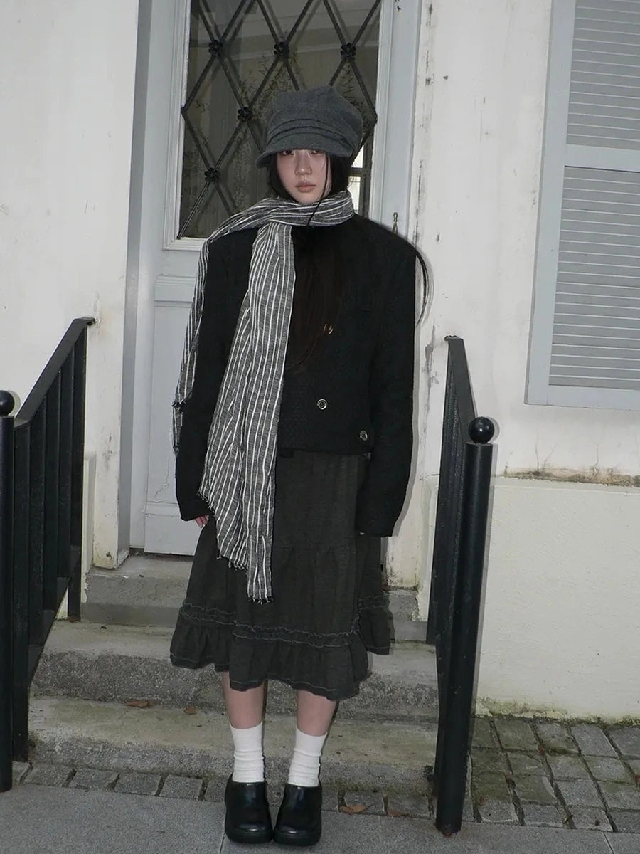 ang project Vintage Grey White Striped Fringe Scarf Scarf