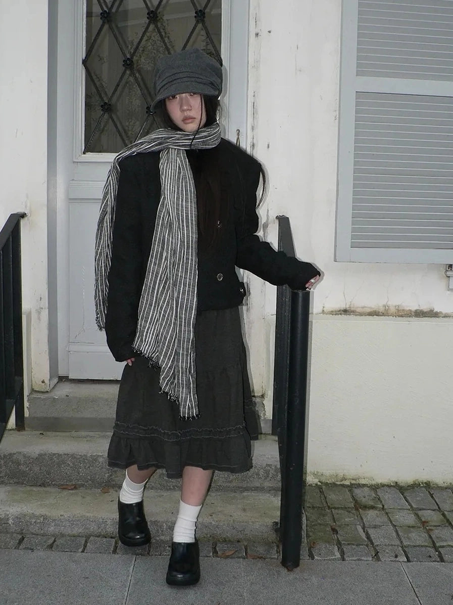 ang project Vintage Grey White Striped Fringe Scarf Scarf