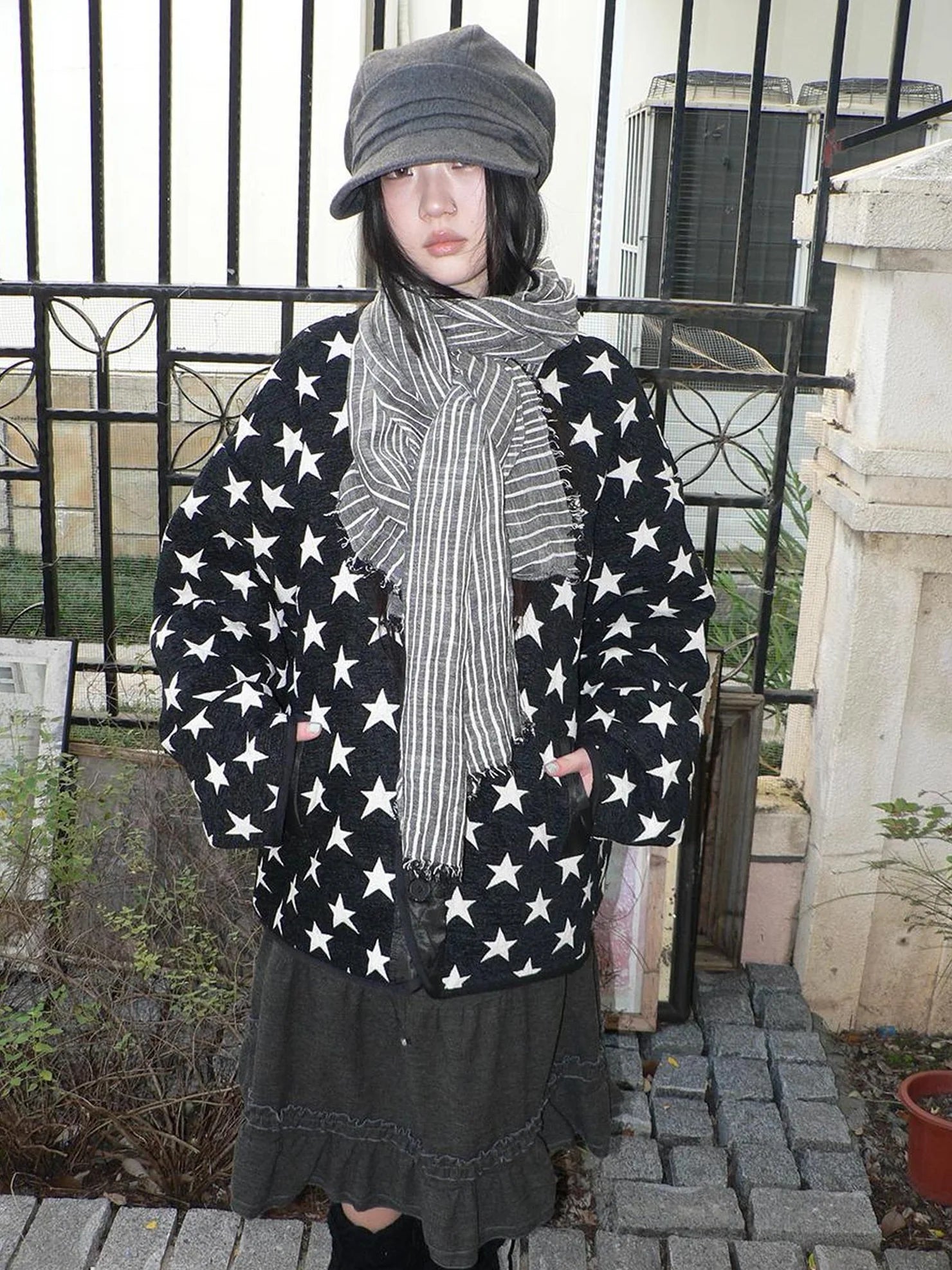 ang project Vintage Grey White Striped Fringe Scarf Scarf