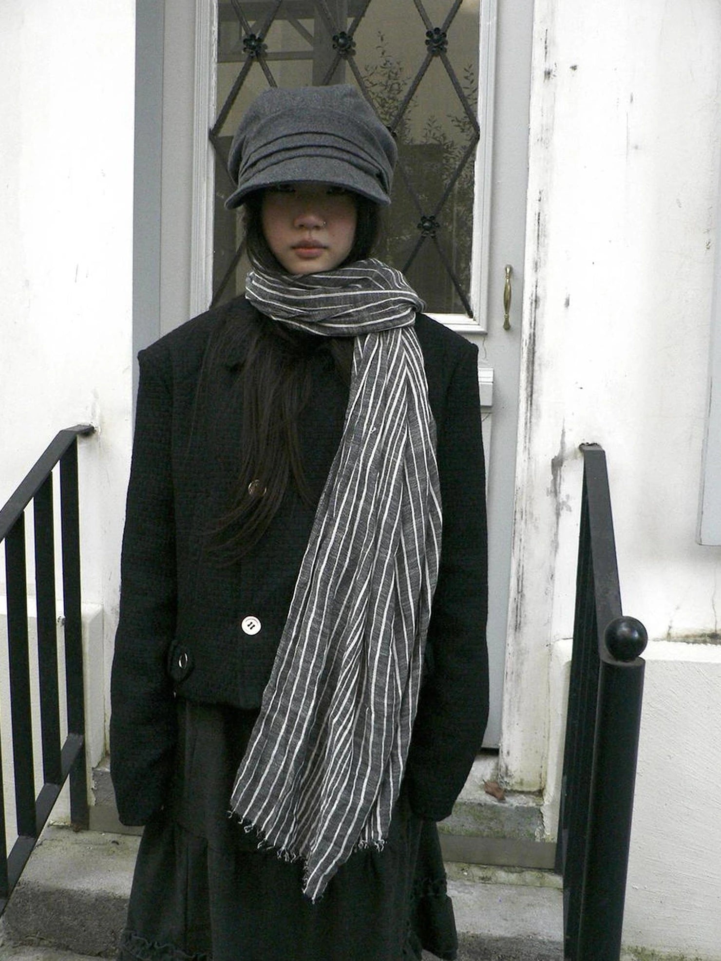 ang project Vintage Grey White Striped Fringe Scarf Scarf