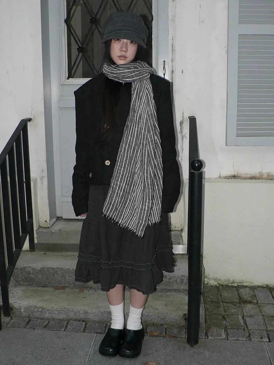 ang project Vintage Grey White Striped Fringe Scarf Scarf