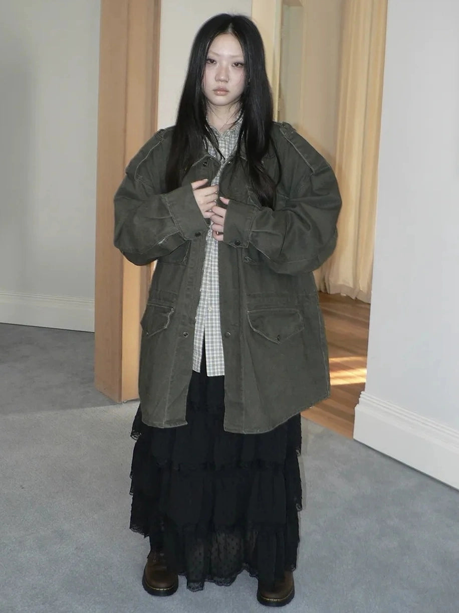 ang project Vintage Heavy Washed Zip Pocket Long Jacket Coat