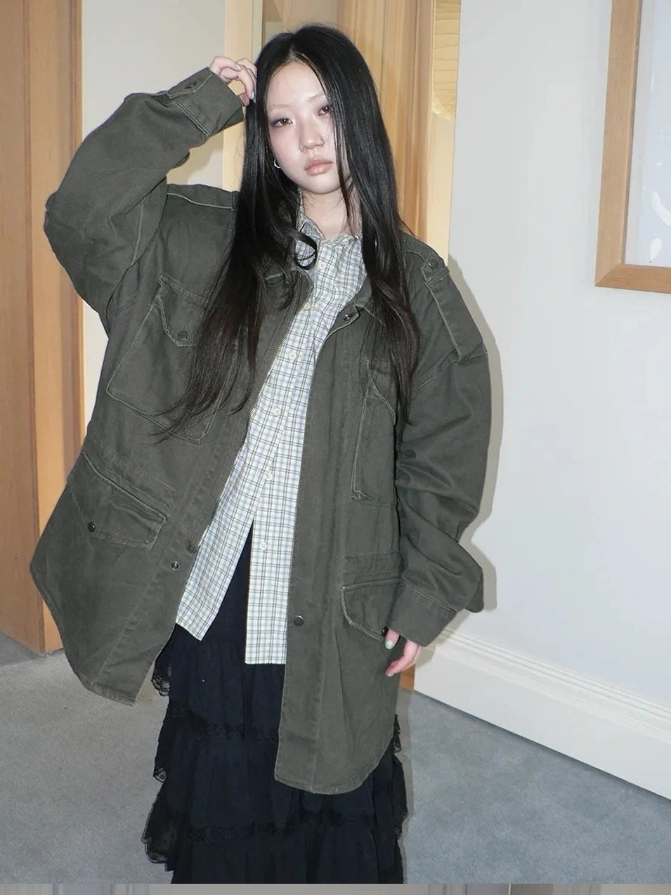 ang project Vintage Heavy Washed Zip Pocket Long Jacket Coat