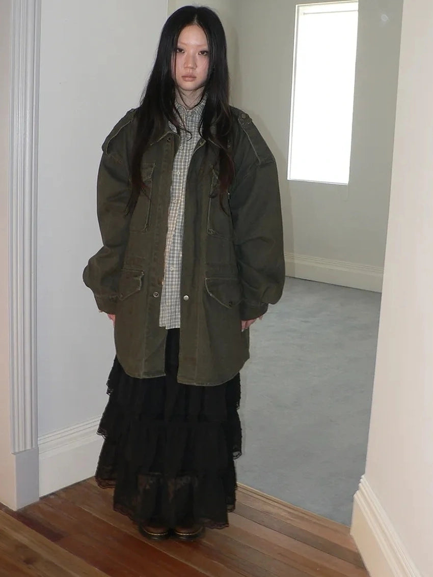 ang project Vintage Heavy Washed Zip Pocket Long Jacket Coat