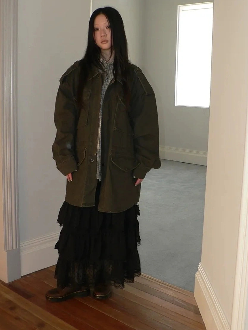 ang project Vintage Heavy Washed Zip Pocket Long Jacket Coat