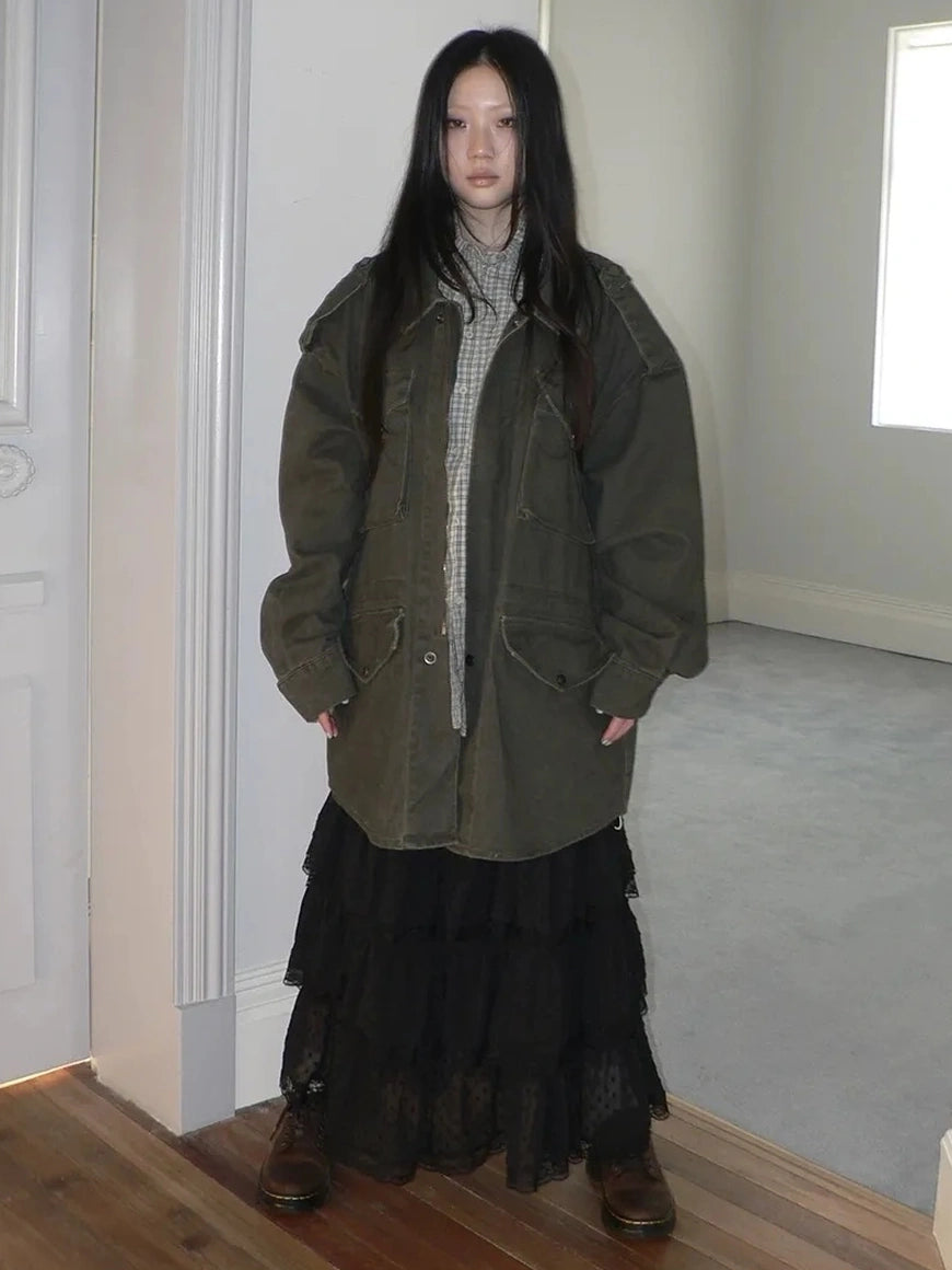 ang project Vintage Heavy Washed Zip Pocket Long Jacket Coat