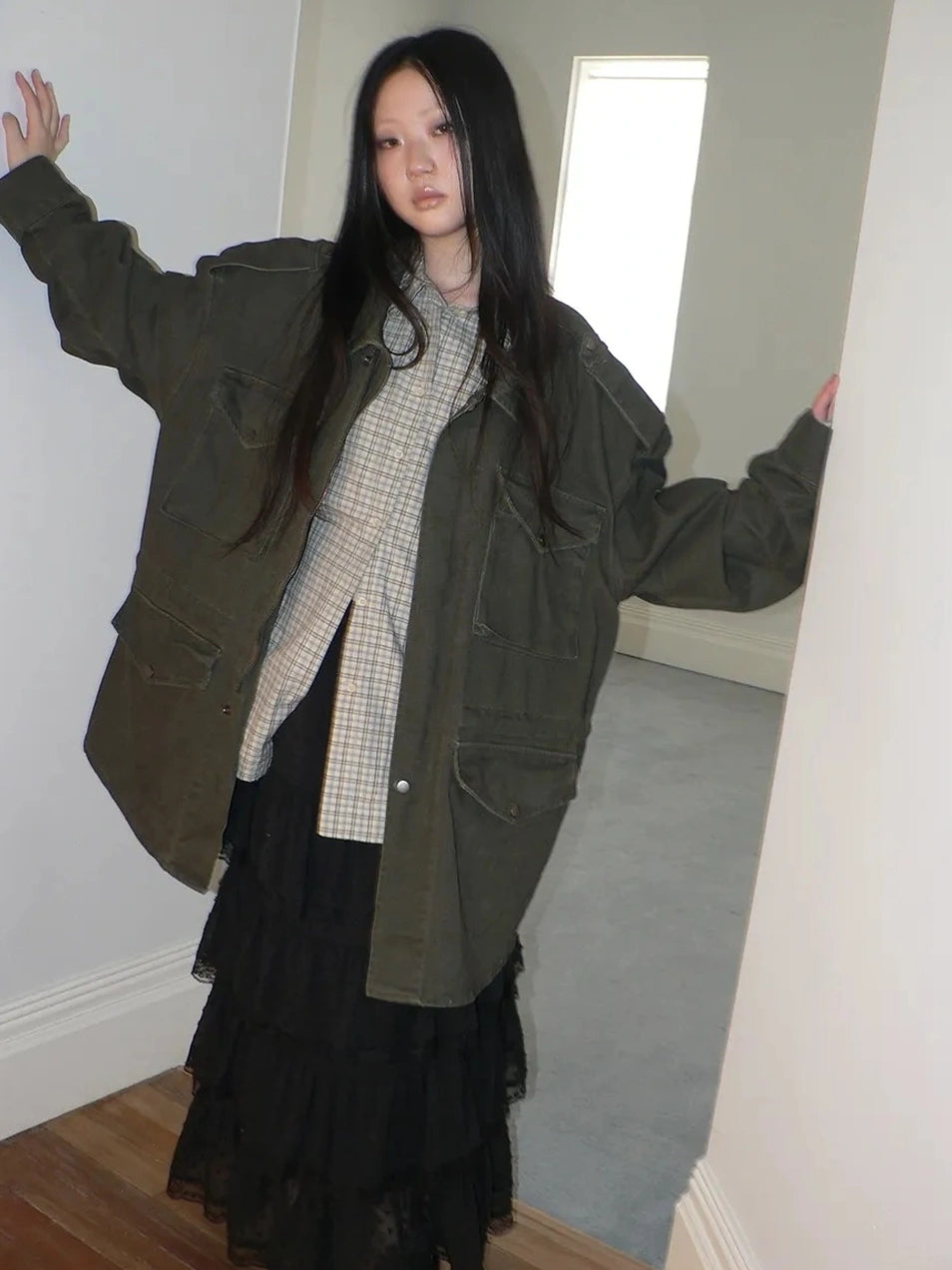 ang project Vintage Heavy Washed Zip Pocket Long Jacket Coat