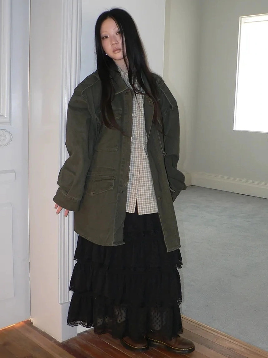 ang project Vintage Heavy Washed Zip Pocket Long Jacket Coat