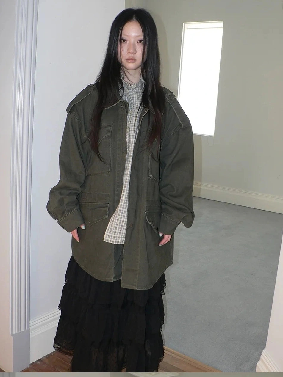 ang project Vintage Heavy Washed Zip Pocket Long Jacket Coat