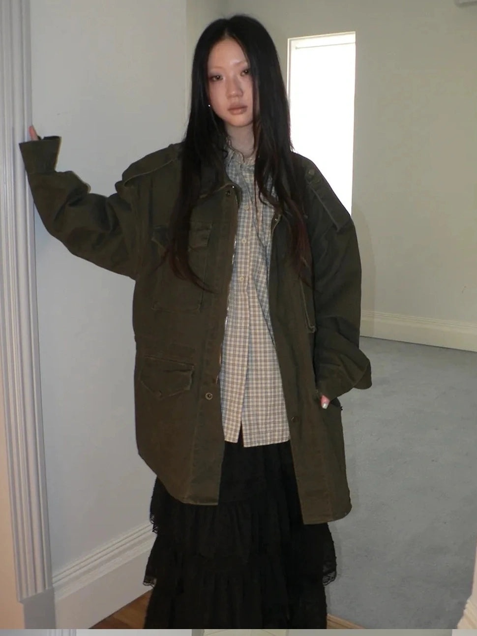 ang project Vintage Heavy Washed Zip Pocket Long Jacket Coat