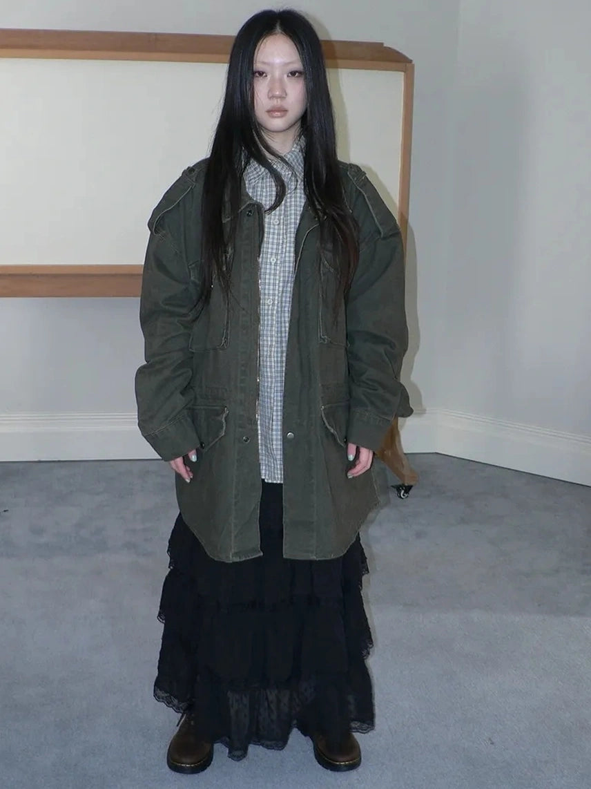 ang project Vintage Heavy Washed Zip Pocket Long Jacket Coat