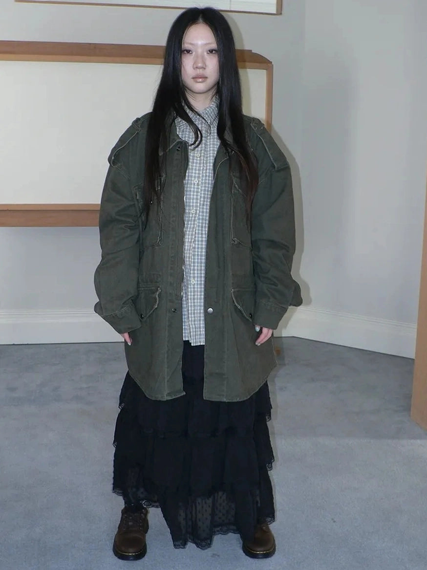 ang project Vintage Heavy Washed Zip Pocket Long Jacket Coat
