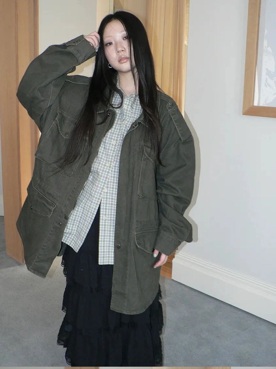 ang project Vintage Heavy Washed Zip Pocket Long Jacket Coat