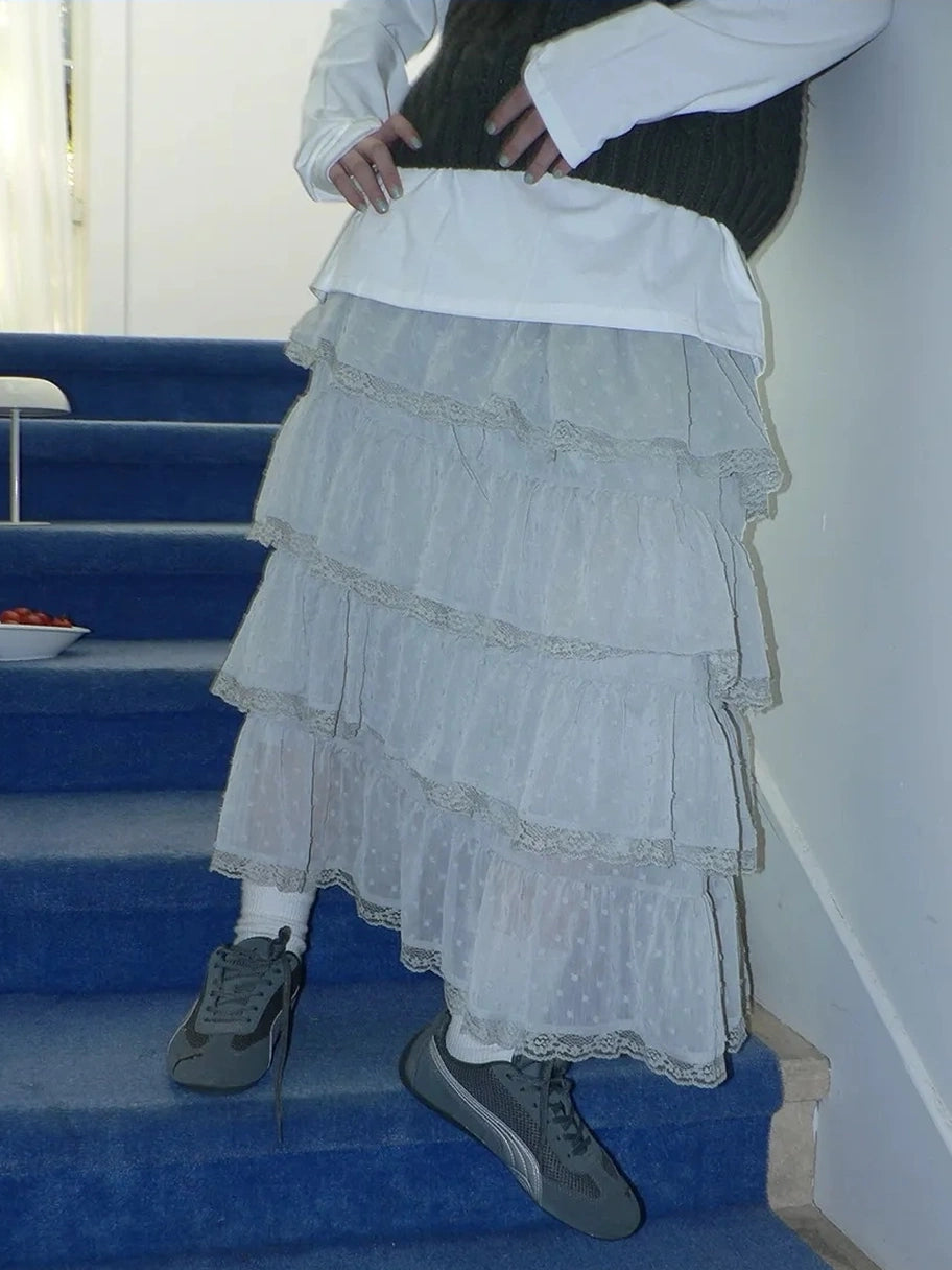 ang project Vintage High Waist Lace Trim Polka Dot Flared Tiered Skirt Skirt